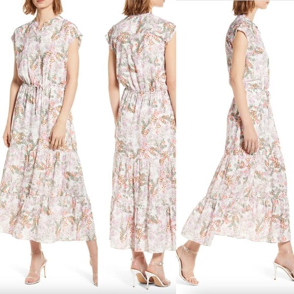 Rebecca Minkoff Giselle Floral Print Cap Sleeve Tiered Drawstring Waist Dress 8 - Picture 1 of 7